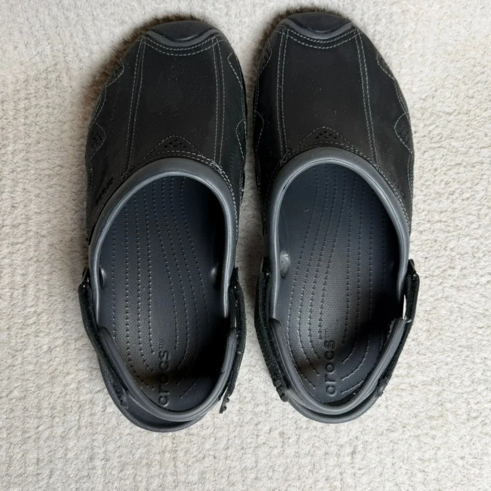 Crocs Men's Swiftwater Leather Clogs Black Gray Adjustable Strap Shoes Size 12